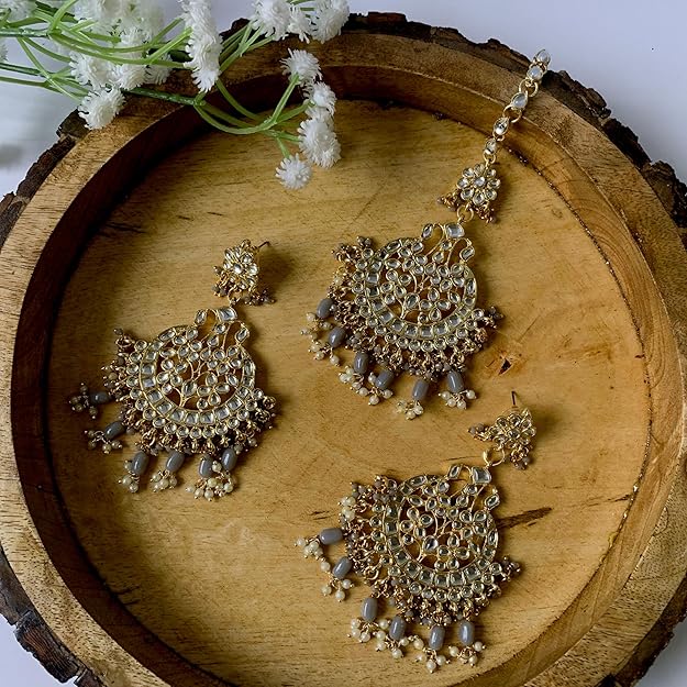 Maang Tikka with Pearl in Gold Plated Big Kundan Chandbali Earring Set