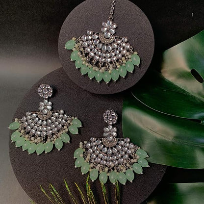Silver Chandbali Earrings in Oxidised Kundan Pearl Design with Maang Tikka Set