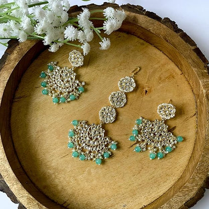 Dulhan Mang Tika in Gold Plated Traditional Kundan & Faux Pearl Chandbali Earring Set