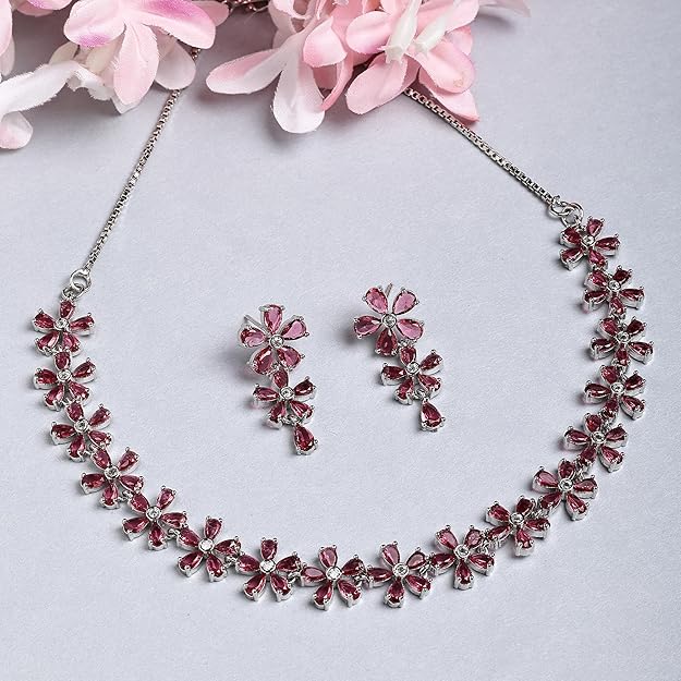 American Diamond Jewellery in Silver in Rhodium Plated Silver Toned White AD Studded Flower Shaped Jewellery Set