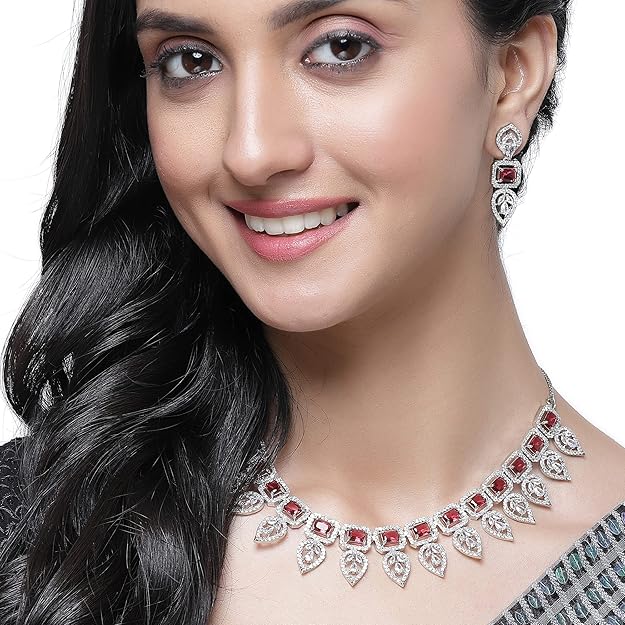 American Diamond Emerald Necklace in Leaf Style Rectangle Shaped AD Studded Rose Gold Plated Necklace Jewellery Set for Women and Girls