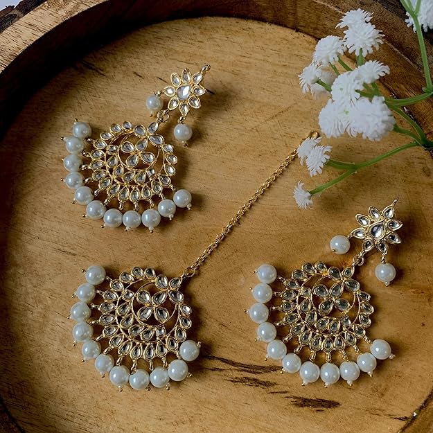 Bridal Mang Tika in Gold Plated Pearl and Kundan Studded Earring Set