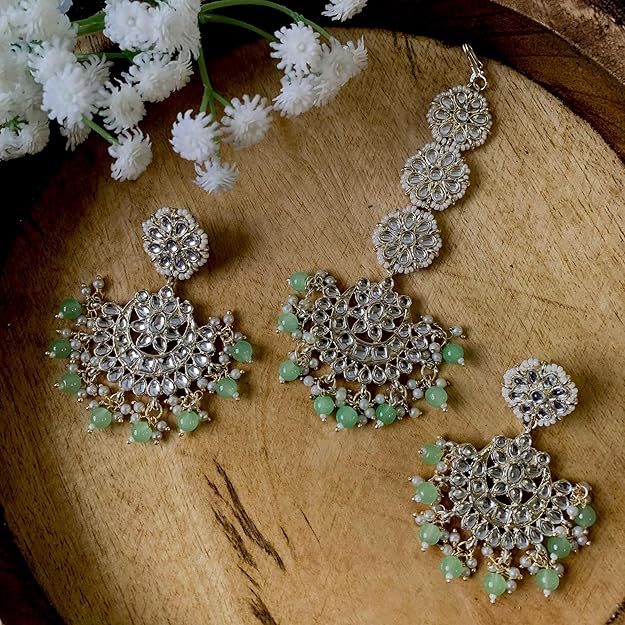 Mang Tikka for Women in 18K Gold Plated Matte Finish Kundan & Faux Pearl Chandbali Set