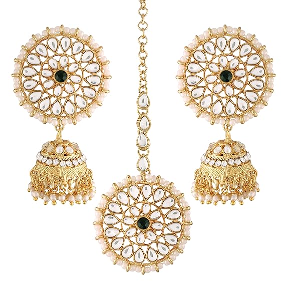 Green Mang Tika in Gold Plated Antique Finish Kundan & Pearl Jhumka Earring Set