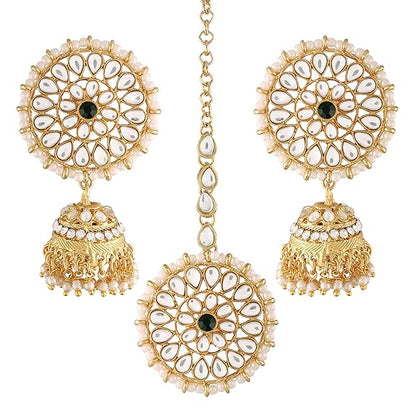 Green Mang Tika in Gold Plated Antique Finish Kundan & Pearl Jhumka Earring Set