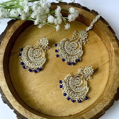 Pearl Necklace and Earring Set in Gold Plated Kundan Chandbali Design with Maang Tikka
