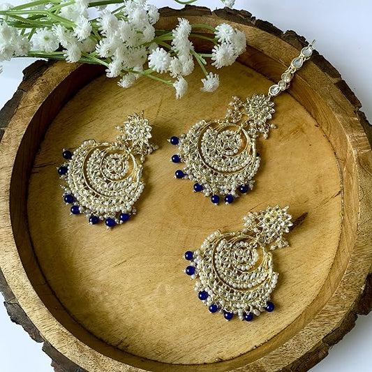 Pearl Necklace and Earring Set in Gold Plated Kundan Chandbali Design with Maang Tikka