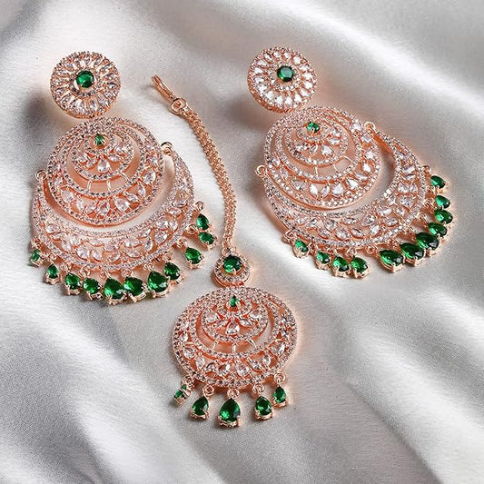 American Diamond Jewelry Set in Rose Gold Plated American Diamond Studded Maang Tikka & Earrings for Women and Girls