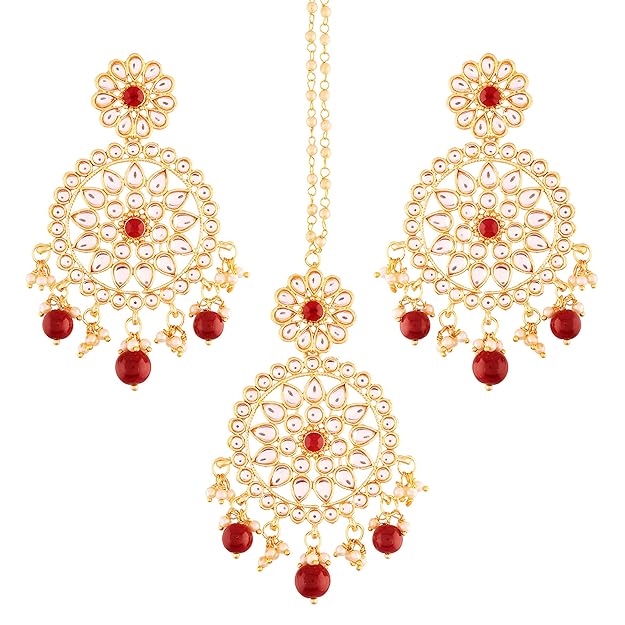 Indian Head Jewelry in 18K Gold Plated Kundan & Pearl Chandbali Earring Set