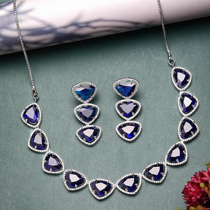 American Diamond Indian Jewellery in Rhodium Plated Silver Toned Triangular Shaped AD Studded Jewellery Set for Women and Girls