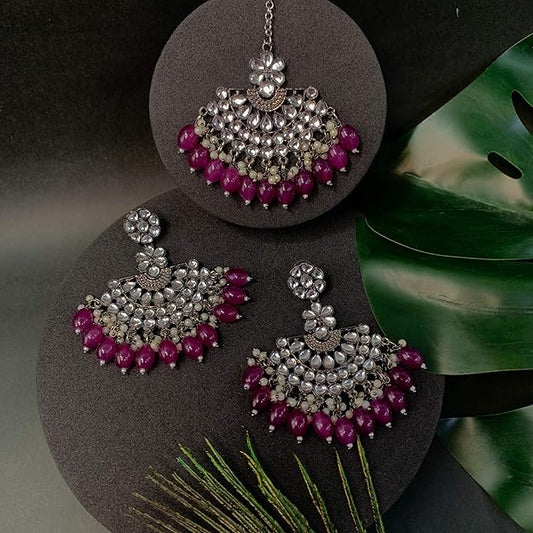 Silver Chandbali Earrings in Oxidised Kundan Pearl Design with Maang Tikka Set