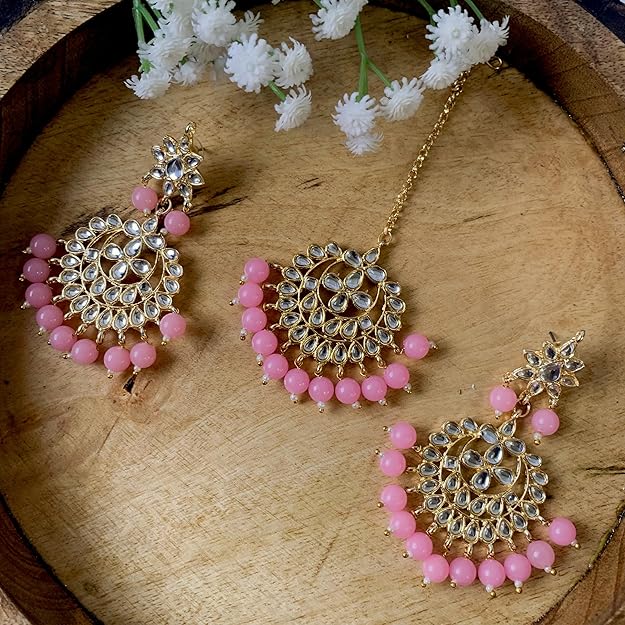 Bridal Mang Tika in Gold Plated Pearl and Kundan Studded Earring Set