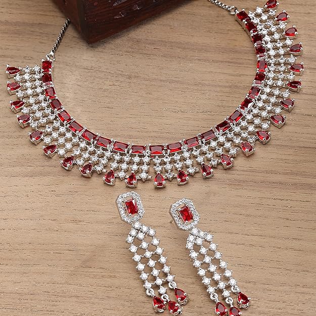American Diamond Choker Set in Floral Design AD Studded Choker Necklace with Earrings for Women and Girls