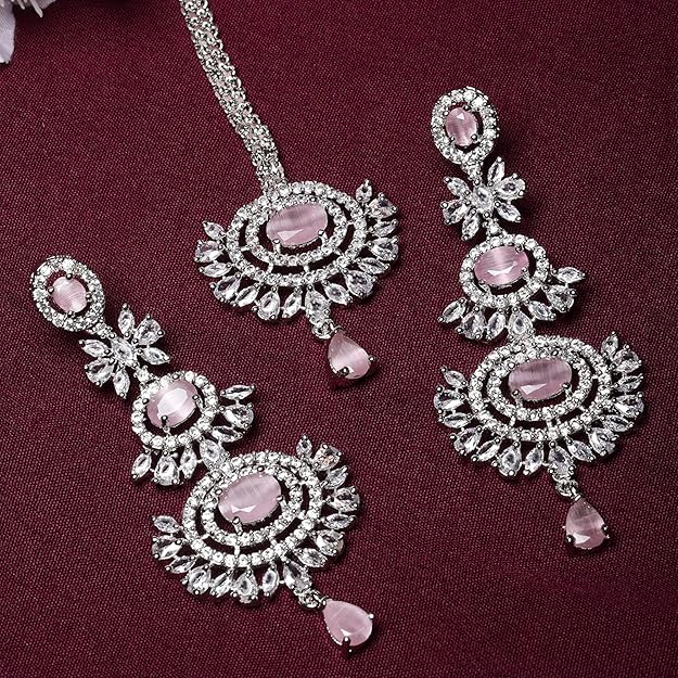Diamond Mang Tikka in Rose Gold Plated American Diamond Studded Maang Tikka & Earrings Jewellery Set