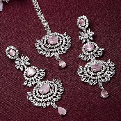 Diamond Mang Tikka in Rose Gold Plated American Diamond Studded Maang Tikka & Earrings Jewellery Set