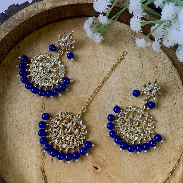 Bridal Mang Tika in Gold Plated Pearl and Kundan Studded Earring Set