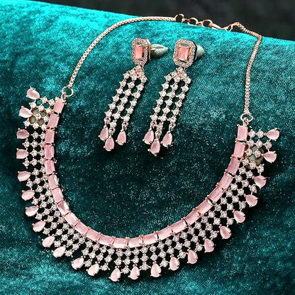 American Diamond Choker Set in Floral Design AD Studded Choker Necklace with Earrings for Women and Girls