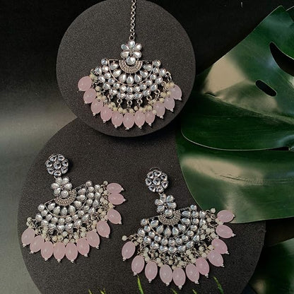 Silver Chandbali Earrings in Oxidised Kundan Pearl Design with Maang Tikka Set