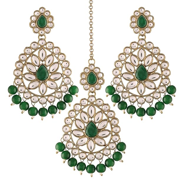 Kundan Chandbali Earrings in Gold Plated Antique Finish Bridal Maang Tikka Set