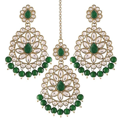 Kundan Chandbali Earrings in Gold Plated Antique Finish Bridal Maang Tikka Set