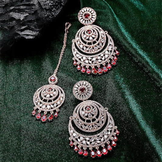 American Diamond Jewelry Set in Rose Gold Plated American Diamond Studded Maang Tikka & Earrings for Women and Girls