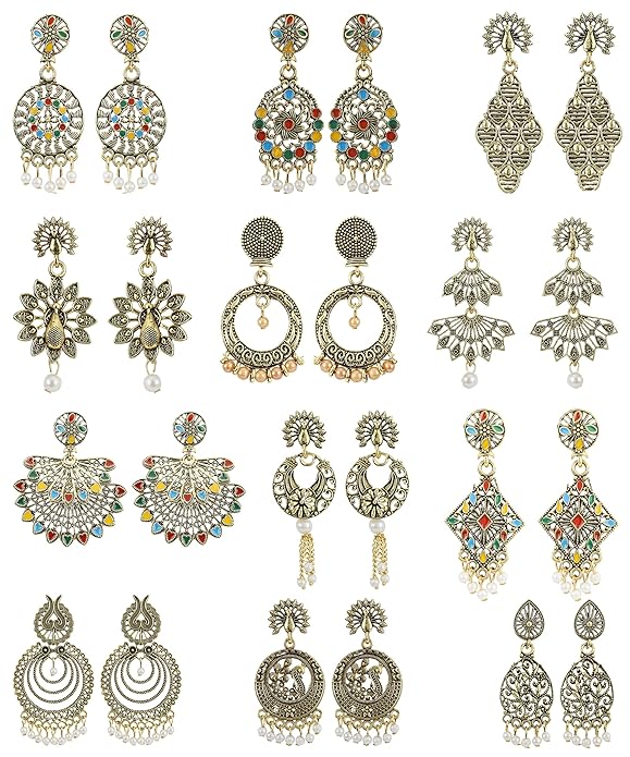 Combo Pack of 12 Pairs Antique Gold Plated Oxidized Earrings