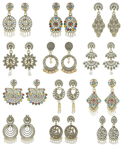 Combo Pack of 12 Pairs Antique Gold Plated Oxidized Earrings