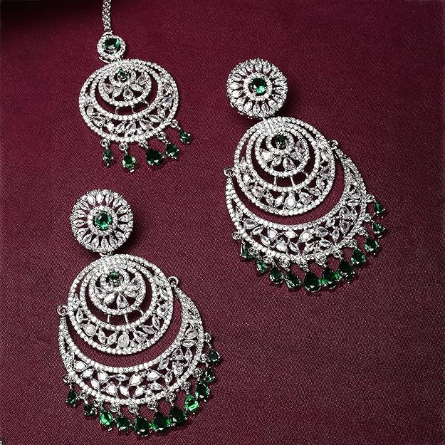 American Diamond Jewelry Set in Rose Gold Plated American Diamond Studded Maang Tikka & Earrings for Women and Girls