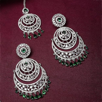 American Diamond Jewelry Set in Rose Gold Plated American Diamond Studded Maang Tikka & Earrings for Women and Girls