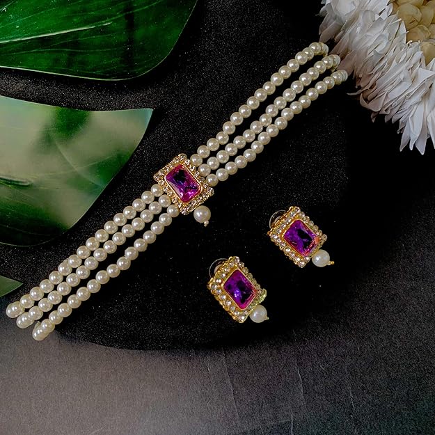 Pearl Choker Necklace in Gold Plated Traditional Stone and Pearl Choker Necklace Jewellery Set for Women