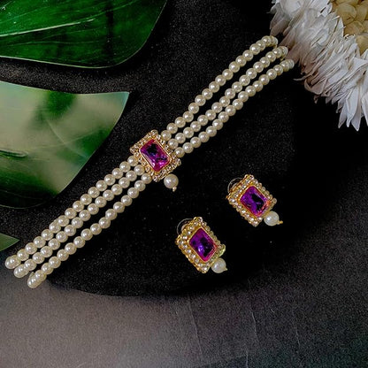 Pearl Choker Necklace in Gold Plated Traditional Stone and Pearl Choker Necklace Jewellery Set for Women