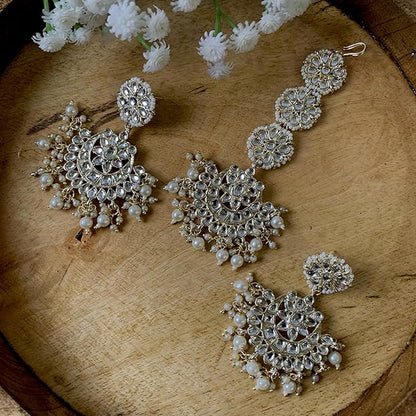 Mang Tikka for Women in 18K Gold Plated Matte Finish Kundan & Faux Pearl Chandbali Set