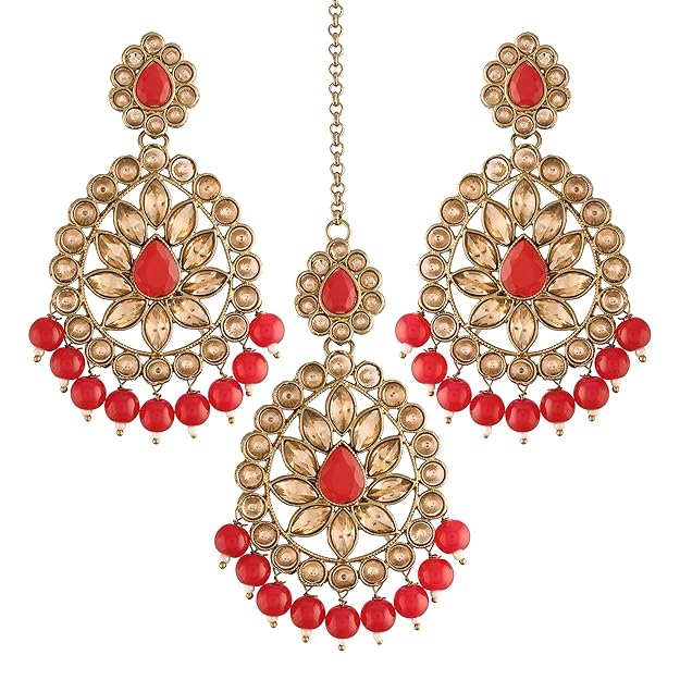 Kundan Chandbali Earrings in Gold Plated Antique Finish Bridal Maang Tikka Set