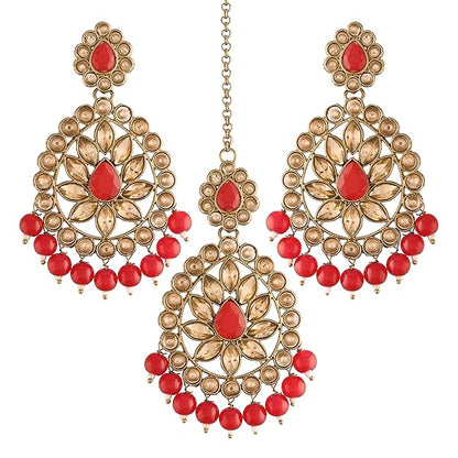 Kundan Chandbali Earrings in Gold Plated Antique Finish Bridal Maang Tikka Set