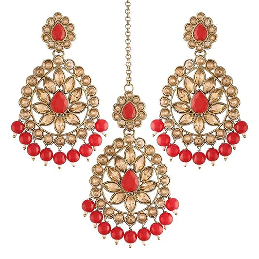 Kundan Chandbali Earrings in Gold Plated Antique Finish Bridal Maang Tikka Set