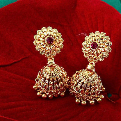 Ethnic Brass South Indian Screw Back Studs Round Ruby Jhumkas Set
