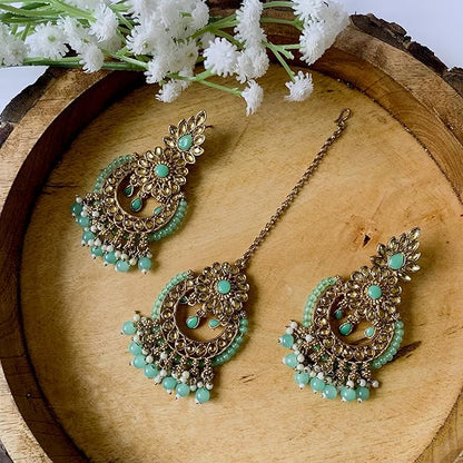 Indian Head Nickel Earrings in Gold Plated Kundan Pearl Drop Design with Maang Tikka