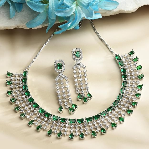 American Diamond Choker Set in Floral Design AD Studded Choker Necklace with Earrings for Women and Girls
