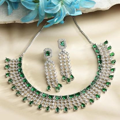 American Diamond Choker Set in Floral Design AD Studded Choker Necklace with Earrings for Women and Girls