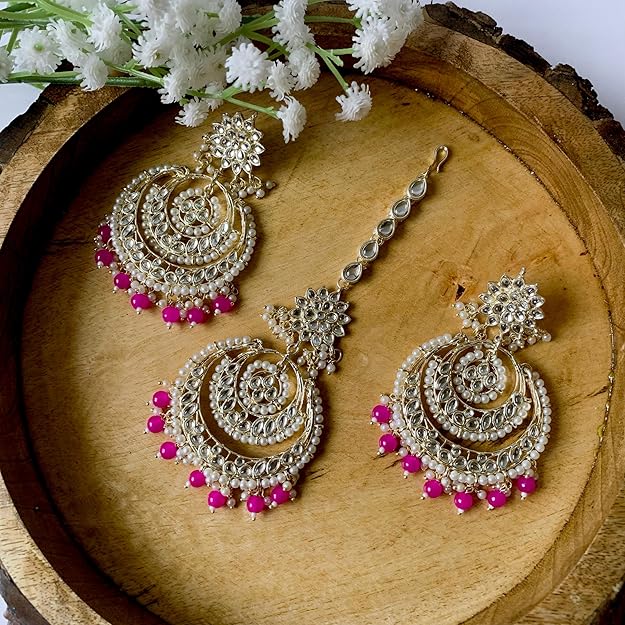 Pearl Necklace and Earring Set in Gold Plated Kundan Chandbali Design with Maang Tikka
