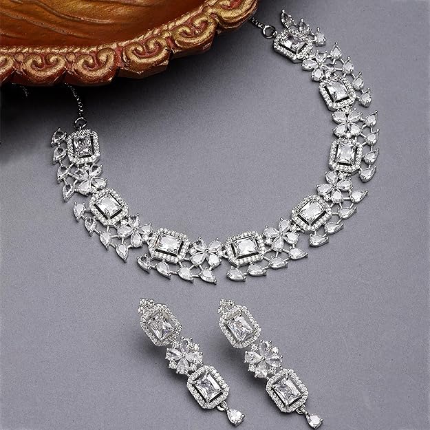 American Diamond Jewellery in Rhodium Plated Silver Toned Green and White AD Studded Necklace and Earrings Set for Women