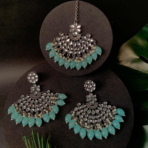 Silver Chandbali Earrings in Oxidised Kundan Pearl Design with Maang Tikka Set