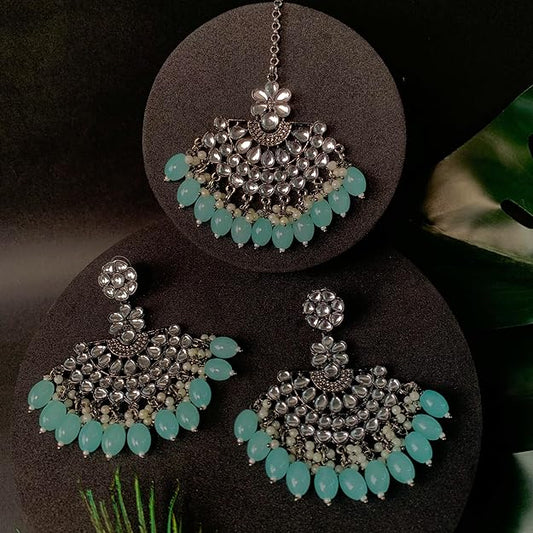 Silver Chandbali Earrings in Oxidised Kundan Pearl Design with Maang Tikka Set