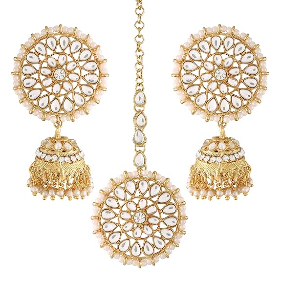 Green Mang Tika in Gold Plated Antique Finish Kundan & Pearl Jhumka Earring Set