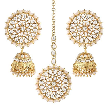 Green Mang Tika in Gold Plated Antique Finish Kundan & Pearl Jhumka Earring Set