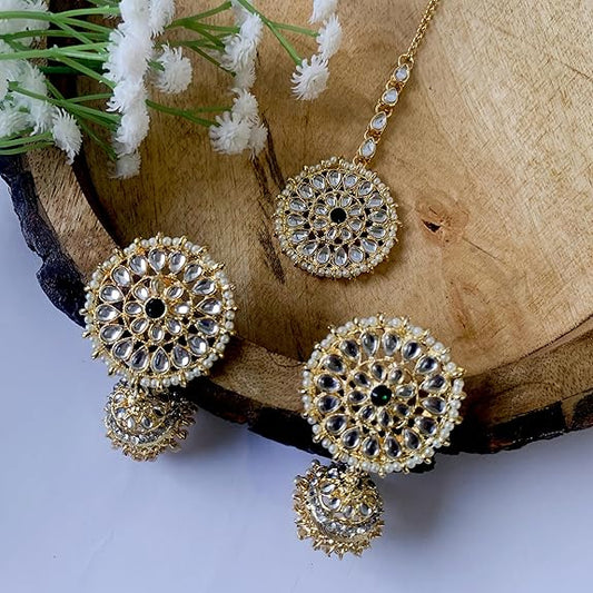 Green Mang Tika in Gold Plated Antique Finish Kundan & Pearl Jhumka Earring Set