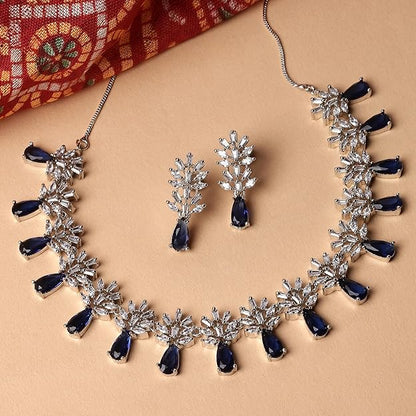 American Diamond Sets in Rhodium Plated Silver Toned Teardrop Shaped AD Studded Necklace and Earrings Jewellery Set