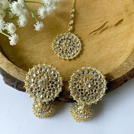 Green Mang Tika in Gold Plated Antique Finish Kundan & Pearl Jhumka Earring Set