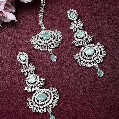 Diamond Mang Tikka in Rose Gold Plated American Diamond Studded Maang Tikka & Earrings Jewellery Set