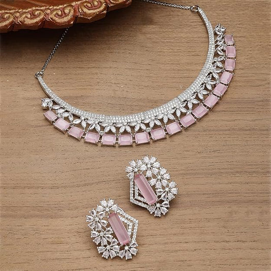 AD Jewellery Set in Rhodium Plated Silver Toned White American Diamond Studded Necklace with Earrings for Women and Girls